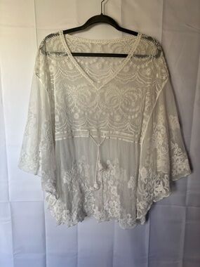 White Lace Kimono Beach Swim Cover Up - Size OSFM